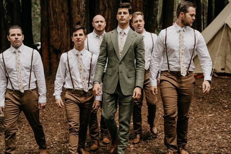 CAMP CAMPBELL / BOULDER CREEK CALIFORNIA — Luke and Mallory | Portland Wedding Photographer Fall Color Tuxedo, Green Groom Suit Brown Groomsmen, Olive Green Groom Attire, Brown Wedding Theme Groomsmen, Emerald Green Groomsmen Attire Casual, Groomsmen Outfits Green, Groomsmen Fall Wedding Attire, Green Wedding Suits, Khaki Groomsmen