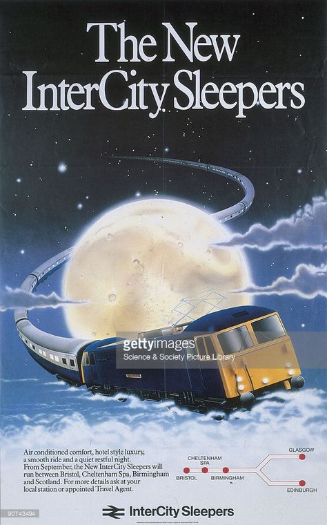 Poster produced for British Rail (BR) to promote the company�s new sleeper service between Bristol and Scotland. The poster shows a train winding its way around a full moon, in a night sky full of stars and a few clouds. Artwork by an unknown artist. Photography Logo Maker, Night Sky Full Of Stars, Train Illustration, Heritage Railway, Train Posters, Travel Advertising, Transportation Poster, Travel Ads, Pop Posters