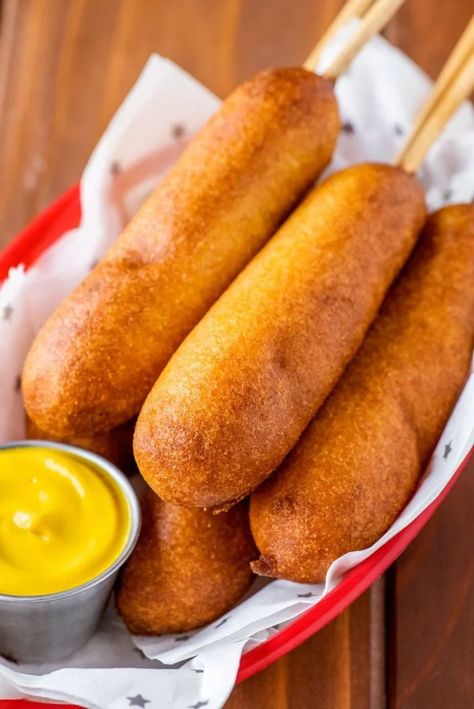 Homemade Corn Dogs - Homemade Hooplah Corn Dog Batter, Corn Dog Recipe, Homemade Corn Dogs, Homemade Corndogs, Corndog Recipe, Cincinnati Chili, How To Make Corn, Batter Mix, Carnival Food