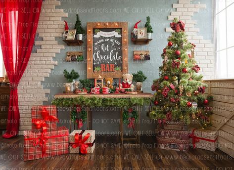 Hot Chocolate Bar Christmas, Christmas Tree Vinyl, Christmas Backdrops For Photography, Christmas Tree Red, House Background, Christmas Photography Backdrops, Christmas Backdrop, Hot Chocolate Bar, Xmas Photos