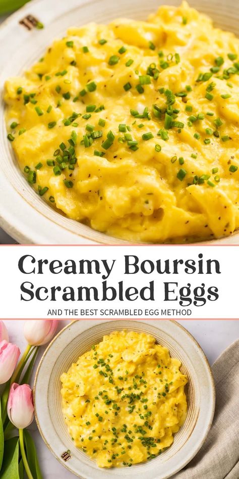 These are hands down the best eggs of all time. Big claim? I’ve got the recipe to back it up. They’re ultra rich and creamy and the deliciously savory tangy Boursin takes them to the next level. Oh and they only take a few minutes to make, so it’s easy to serve up gourmet quality eggs for breakfast or brunch anytime. Scrambled Eggs, Egg Recipes, The Best Eggs, Best Eggs, Eggs For Breakfast, Boursin Cheese, Delicious Breakfast Recipes, Breakfast Dishes, Healthy Salad Recipes