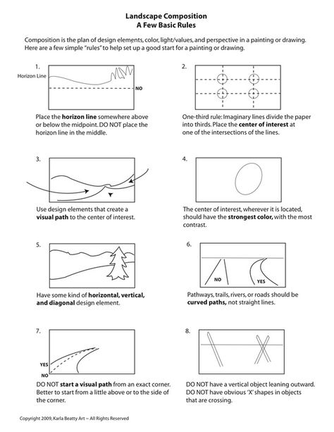 Downloadable PDF page about how to do great compositions for landscapes. Instructional file in PDF. Composition Sketching, Drawing Foundations, Composition Layout, Composition Rules, Landscape Composition, Art Composition, Art Theory, Composition Art, Art Basics