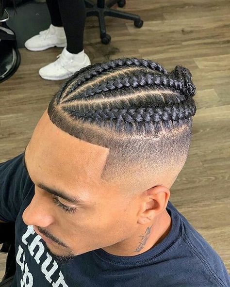 Fade with Short Hair: 6 Trendy Fade Haircuts for Men Men Hair Cornrow Styles, 4 Braids For Black Hair Men, 3 Cornrow Braids Men, Men Braids With Faded Sides, High Fade Braids Men, Men’s Hair Braids, Braids With Fade Men Black, Cornrows With Fade, Men’s Braids Hairstyles With Fade