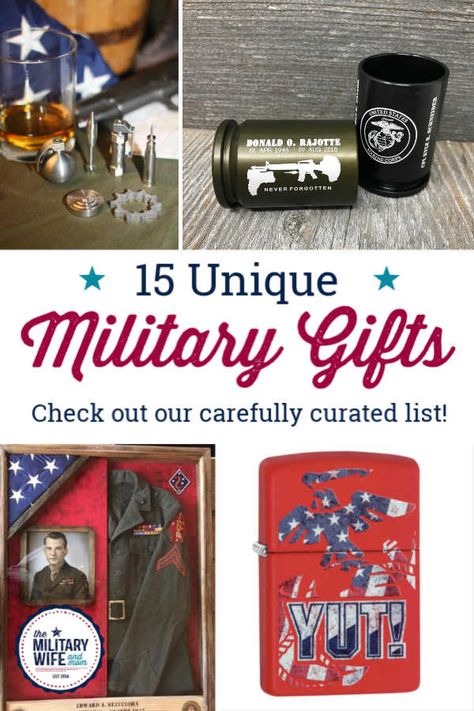 Carefully curated list of unique military gifts that never disappoint. Perfect for service members and military families. Army Pcs Gifts, Gift For Veteran, Veteran Gift Ideas, Military Going Away Gifts, Military Retirement Gift Ideas, Army Gifts For Him, Promotion Gift Ideas, Military Appreciation Gifts, Army Retirement Gift