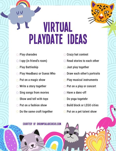 Get this free printable list of virtual indoor playdate ideas for kids. Keep your kids feeling busy and connected with FaceTime, Skype, or WhatsApp play date activites. These ideas are toddler-friendly but are also perfect for elementary school children and tweens and will work for girls and for boys! Playdate Activities, Playdate Ideas, Uppfostra Barn, Free Printable Checklist, Date Activities, Virtual School, Play Date, Printable Checklist, E Mc2