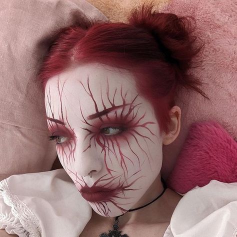 @bergfine on Instagram Goth corpse paint goth girl alt alternative 90s white face paint red corpse paint red hair Red Edgy Makeup, Goth Makeup Red Hair, Goth White Face Makeup, Emo Face Paint, Goth Makeup White Face, Red Goth Hair, Face Paint Makeup Ideas, Red Alt Makeup, Goth Face Paint