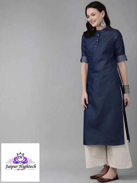 Denim Kurti Designs, Casual Wear Summer, Denim Kurti, Top Designs For Women, Wedding Party Wear, Kurta For Women, Dress Office, Denim Tunic, Kurta Style