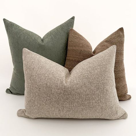 Shop decorative pillow covers made by us for your design. Enjoy a wide selection of colors and patterns for unlimited design possibilities. Green Couch Pillows Ideas Color Schemes, Sage And Black Room Aesthetic, Cream Black Living Room, Neutral Pillow Combinations, Warm Interior Design Cozy Living Rooms, Grey Sofa Styling, Portfolio Moodboard, Light Gray Couch, Vibey Apartment