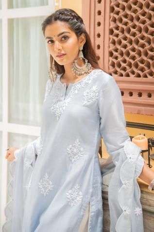 Powder Blue Suits Women Indian, Pastel Kurtas Women, Kamez Design, Palazzo Kurta, Powder Blue Dress, Indian Suit, White Kurta, Kurti Embroidery Design, Kurta Palazzo