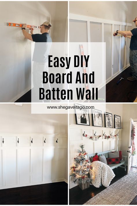 Entry Way Batten Board, Easy Entryway Wall, Farmhouse Entryway Wall Ideas, Board And Batten Hallway With Hooks, Board And Batten Garage Interior, Entryway Hanging Storage, Front Entrance Board And Batten, How To Make Cube Storage Look Built In, Diy Farmhouse Upgrades