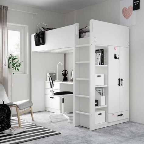 Ikea Loft, Ikea Loft Bed, Loft Beds For Small Rooms, Små Rum Lidt Plads, Grey And White Bedding, Beds For Small Rooms, Bunk Bed With Desk, Loft Bed Frame, High Beds