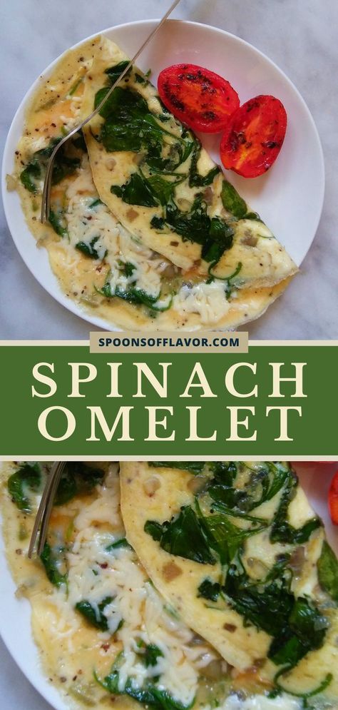 Spinach omelette served with pan roasted tomatoes Essen, Spinach Onion Omelette, Breakfast Ideas With Spinach And Eggs, Omlet With Spinach And Cheese, Egg White Omelette With Spinach, Omelette Lunch Ideas, Spinach Omelette Healthy, Egg White Spinach Omelet, Easy Healthy Omelette