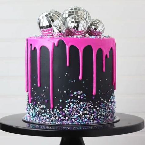 Pop Star Birthday Cake, Disco Witch Aesthetic, Neon Cakes Glow Birthday Parties, Dance Party Cake, 80s Birthday Cake, Sprinkle Drip Cake, Neon Birthday Cakes, Decoration Video, Bolo Neon