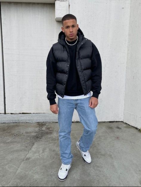 Streetwear Fashion Guys, Men Streetwear Black, Blue Jeans Outfit Men, Winter Outfits Men Streetwear, Vest Outfits Men, Outfit Men Streetwear, Fashion Guys, Outfits Men Streetwear, Hoodie Outfit Men