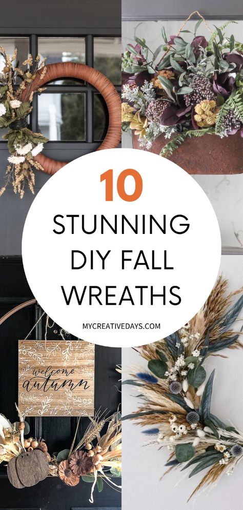 Need a cheap and easy DIY fall décor idea? We're sharing 10 cute and easy DIY fall wreaths for your front door, living room, mantel, and more! Whether you're looking for a DIY fall wreath from nature, with ribbons, burlap, or dollar tree items, we have the perfect DIY fall wreath decoration tutorials for you. Click through for this and more fun DIY fall crafts ideas for adults. DIY fall decorations wreath. Nature, Inexpensive Fall Wreath Diy, Cheap Diy Fall Wreath, Diy Fall Wreath From Nature, Diy Boho Fall Wreath, Outside Fall Decor With Straw Bales, September Wreaths For Front Door Diy, Fall Wreath Diy Dollar Tree, Autumn Door Wreaths Diy