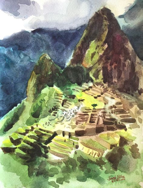 Inca Art, Macchu Picchu, Peruvian Art, Machu Pichu, Travel Art Journal, Machu Picchu Peru, Andes Mountains, Wall Art Watercolor, Peru Travel