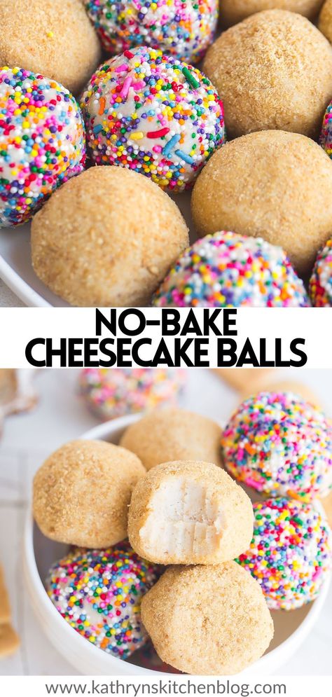 This no bake Cheesecake Balls recipe is made with simple ingredients and resembles a classic cheesecake in a bite-sized form! Made with a creamy cheesecake filling, graham cracker crumbs, and your favorite toppings! No Bake Cheesecake Cookies, Essen, Graham Cracker Cake Pops, Cheesecake Filling No Bake Recipes, No Bake Cheesecake Cake Pops, What To Make With Cheesecake Filling, Best Simple Cookie Recipes, Graham Cracker Deserts, No Bake Cheesecake Pops