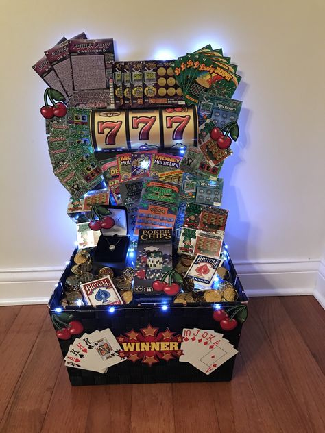 Las Vegas Themed Gift Basket, Lottery Themed Gift Basket, Company Raffle Ideas, Poker Themed Gift Basket, Casino Themed Gift Baskets, Gift Auction Basket Ideas, Vegas Themed Gift Basket, Lottery Raffle Basket, Lottery Gift Basket Ideas