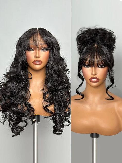 Black Wigs with Bang Body Wave Wig Long Natural Black Glueless Wavy Wig for Women Crafted with Style-Archive™ Technology: Premium Fiber & Remy Human Hair Blend, Realistic Look with True Scalp Short Black Hair Wig, Realistic Wig, Haircuts Curly, Black Wavy Hair, Black Wigs, Long Black Wig, Shaggy Haircuts, Brazilian Hair Bundles, Cute Box Braids Hairstyles