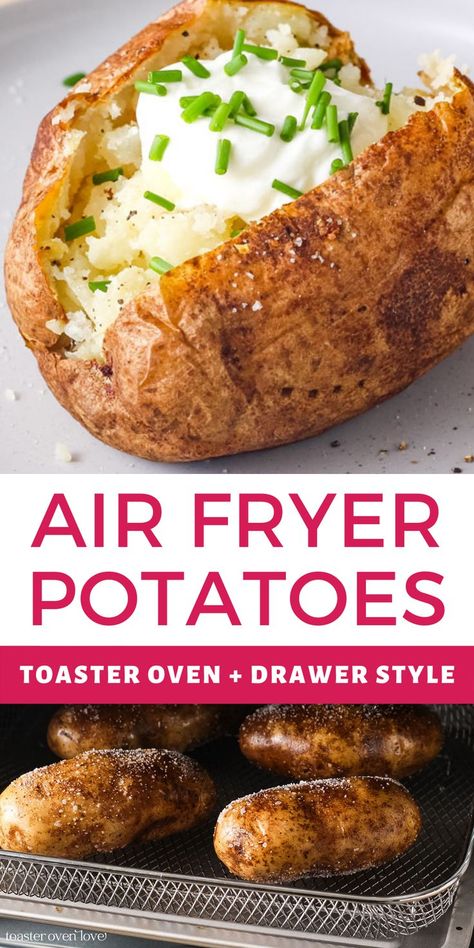 Baked potato topped with Greek yogurt and chopped chives and oiled potatoes baking in an air fryer toaster oven basket. Air Fryer Oven Baked Potato, Air Fryer Baked Potato In Foil, Baked Potatoes In Air Fryer With Foil, Baked Potatoes In The Air Fryer Oven, How To Airfry Baked Potatoes, Baked Potato In Air Fryer Oven, How To Use Oven Air Fryer, How Long To Air Fry Baked Potatoes, Gourmia Air Fryer Toaster Oven Recipes