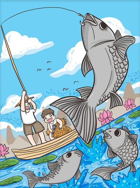 Anime Fishing Drawing, Fishing Drawing, Fishing Illustration, Boat Cartoon, Boat Illustration, Summer Drawings, Boat Drawing, Drawn Fish, Summer Fishing