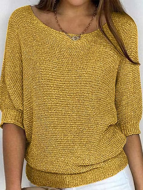 Loose Plus Size Solid Color Split-Joint Round-neck Sweater Tops BLUE-L Dirndl, Elegant Sweater, Casual Chique, Womens Dress Suits, Streetwear Y2k, Comfortable Sweater, Sleeves Clothing, Round Neck Sweaters, Yellow Sweater