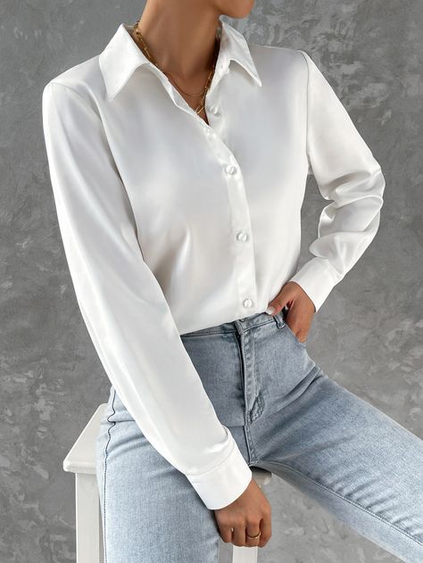 White Casual Collar Long Sleeve Satin Plain Shirt Embellished Slight Stretch  Women Tops, Blouses & Tee White Longsleeves Outfit Women Casual, White Longsleeves Outfit Women, White Satin Shirt Outfit, Longsleeves Outfit Women, White Longsleeves Outfit, Longsleeves Outfit, Satin Shirt Outfit, Supernatural Dr, Business Casual Minimalist