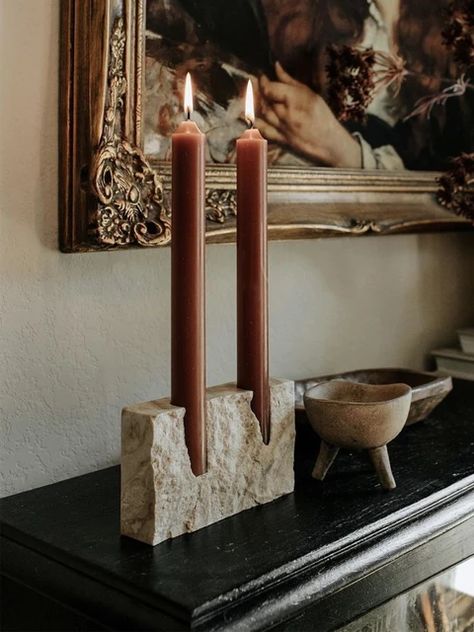2 Holes Marble Candlestick Holder for Wedding Dinning Party Vintage Travertine Stone Taper Candle Holder for Table Centerpiece Candles Unique, Mirror Side Table, Marble Candle Holder, Standing Candle Holders, Unique Candle Holders, Marble Candle, Taper Candle Holder, Unique Candle, Travertine Stone