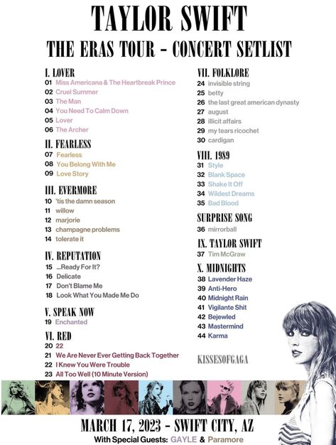 Taylor Swift - THE ERAS TOUR - setlist Eras Tour Setlist, All Taylor Swift Songs, Taylor Swift Nails, Taylor Swift Playlist, Taylor Swift Birthday Party Ideas, Taylor Outfits, Taylor Swift Party, Taylor Swift Birthday, Taylor Swift Tour Outfits