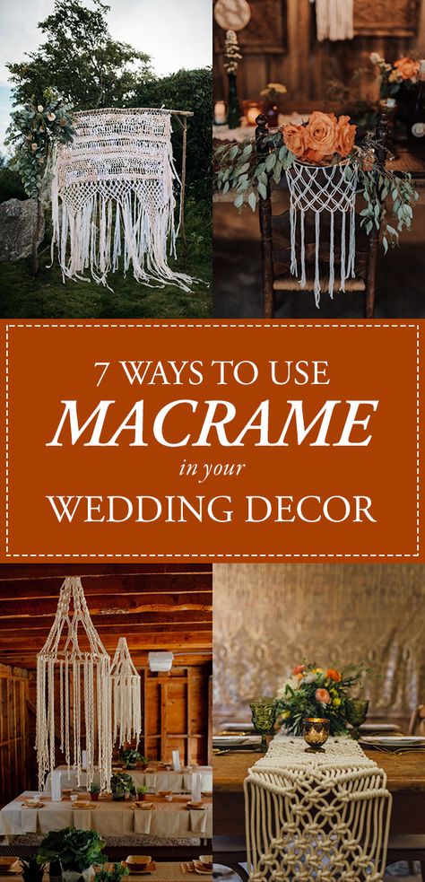 Get Obsessed With These 7 Ways to Use Macrame in Your Wedding Decor Macrame Wedding Decor, Chair Accessories, Macrame Light, Pew Decorations, Doily Wedding, Macrame Wedding Backdrop, Bohemian Wedding Decorations, Macrame Backdrop, Diy Wedding Backdrop