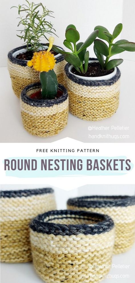 Knit Round Baskets Easter Crochet Ideas, Easter Knits, Yarn Baskets, Diy Knitting Projects, Quick Knitting Projects, Garter Stitch Knitting, Crochet Storage Baskets, Nesting Baskets, Crochet Shoes Pattern