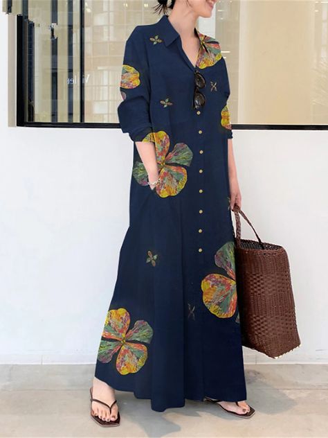 Women's Shirt Dress Cotton Linen Dress Casual Dress Maxi long Dress Cotton Blend Fashion Casual Outdoor Daily Going out Shirt Collar Button Pocket Long Sleeve Summer Spring Fall 2023 Loose Fit Yellow 2023 - £ 32 Mode Tartan, Loose Shirt Dress, Pocket Maxi Dress, Shirt Dress Summer, Maxi Shirts, Loose Maxi Dress, Vintage Mode, Maxi Shirt Dress, Long Shirt Dress