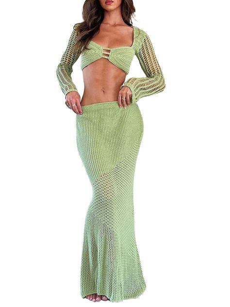 Long Bodycon Skirt, Crochet Long Dresses, Female Aesthetic, Pencil Dress Outfit, Long Skirt Set, Crochet Two Piece, Crochet Beach Wear, Body Con Dress Outfit, 2 Piece Skirt