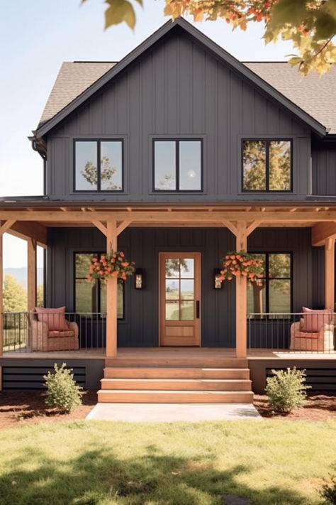 40 Cozy Farmhouse Porch Column Designs for a Welcoming Outdoor Space Brick Farmhouse Porch, Old Modern Farmhouse Exterior, Grey House With Wood Porch, House On Columns, Fixer Upper Houses Exterior, Farmhouse Steps Porch, New Home Exterior Ideas Modern Farmhouse, Front Porch Rustic Decor, Front Porch Half Covered Half Not