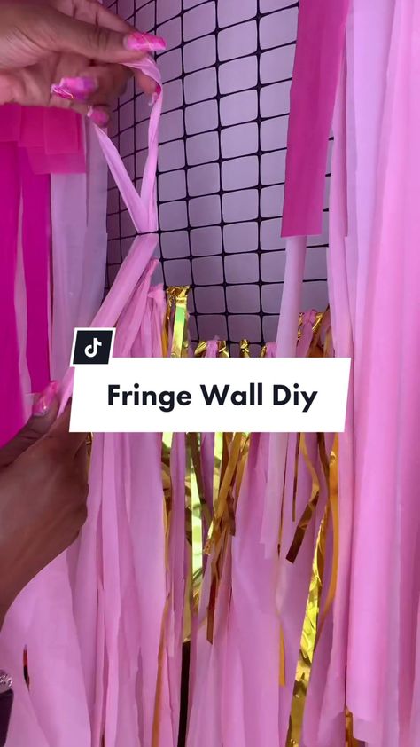 Fringe Wall Art, Pom Pom Photo Backdrop, Fiesta Fringe Backdrop Diy, Photo Backdrop Diy Easy, Diy Pink Photo Backdrop, 30th Bday Backdrop Ideas, Fringe Arch Backdrop, How To Do A Fringe Backdrop, Fringe Birthday Backdrop