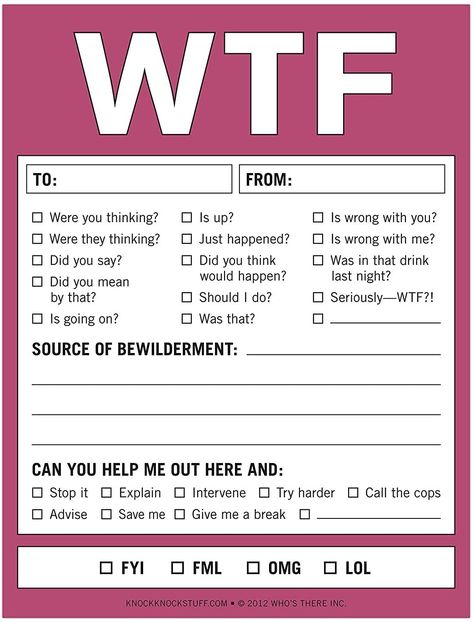 Amazon.com : Knock Knock WTF Nifty Notes : Funny Sticky Notes : Office Products Humour, Knock Knock Notes, Knock Knock Pads, Funny Sticky Notes, Funny Certificates, Funny Lists, Funny Note, Therapy Journal, Writing Therapy