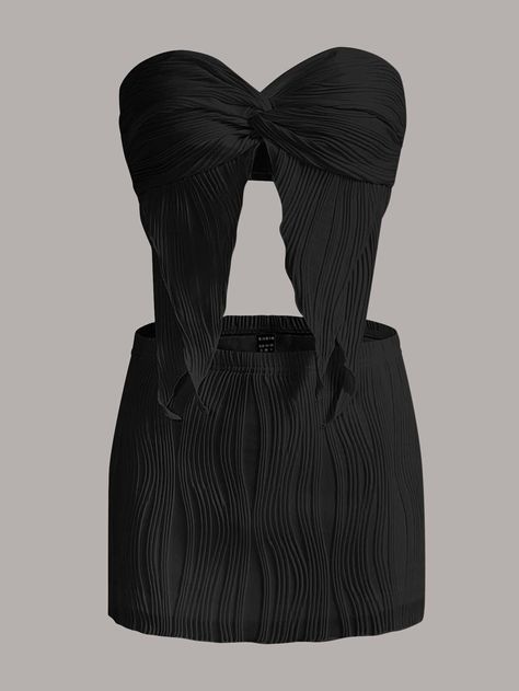 Black Sexy Collar Sleeveless  Plain  Embellished Slight Stretch  Women Clothing Matching Top And Skirt Outfit, Twist Front Tube Top, Skirts Shein, Tube Top And Skirt, Matching Top And Skirt, Shein Skirts, Matching Skirt Set, Greece Outfit, Shein Icon