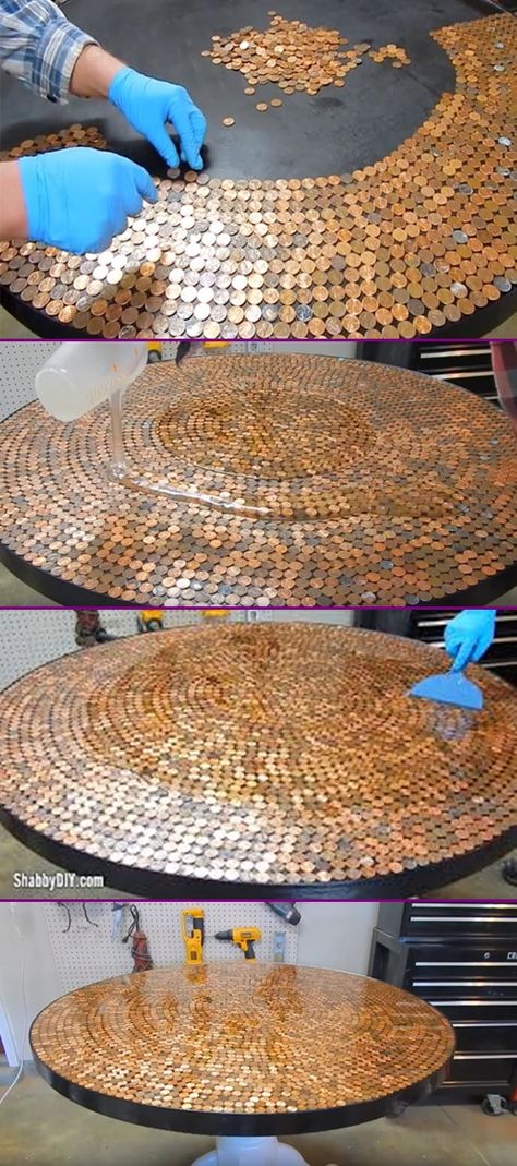 DIY Penny Table Top Project Tutorial Video - Glaze Coated Diy Table Top Ideas, Penny Table Top, Penny Table Tops, Table Top Ideas, Penny Table, Vintage Upcycling, Penny Floor, Resin Table Top, Diy Table Top