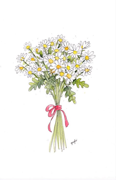 A bunch of daisies painted in watercolor and ink. Drawing Of Daisies, Bouquet Of Daisies Drawing, White Daisy Watercolor, Drawing A Bouquet Of Flowers, Daisy Flower Watercolor, Daisy Art Drawing, Cute Daisy Drawing, Daisy Bouquet Drawing, Daisies Sketch