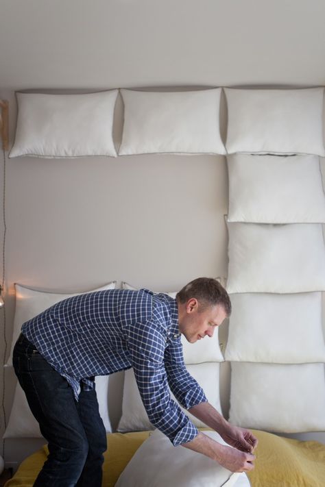 Just Add Pillows: The DIY Headboard for $35 Padded Headboard Diy, Pegboard Headboard, Boy Headboard, Diy King Size Headboard, Headboard Pillows, Diy Fabric Headboard, Diy King Headboard, Foam Headboard, Headboard Makeover