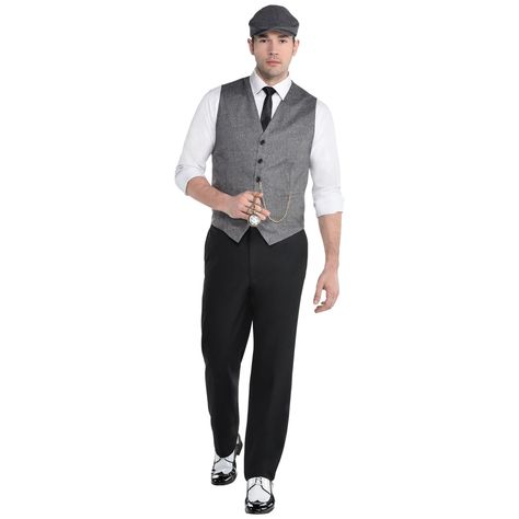 Buy the Roaring 20's Adult Costume at Michaels. com. Dance the night away with this Roaring 20's Costume. This stylish costume features a white shirt with attached grey vest and black tie as well as matching hat. Dance the night away with this Roaring 20's Costume. This stylish costume features a white shirt with attached grey vest and black tie as well as matching hat. Pocket watch, pants, and shoes not included. Details: Gray Adult standard size (one size fits most adults) Includes shirt with attached vest, hat and tie Pocket watch, pants and shoes not included | Roaring 20's Adult Costume By Amscan in White | Michaels® Roaring 20s Mens Costume, 20s Costume Men, Roaring 20s Party Outfit Mens, Great Gatsby Mens Fashion, Roaring 20s Men, 20s Halloween Costume, Roaring 20s Outfits, 20s Party Outfit, Roaring 20s Halloween