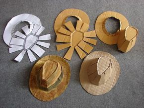 Make a cardboard Fedora...miniaturize for doll sizes. Good to know for craft projects.                                                                                                                                                      Más Cardboard Cowboy Hat, Pola Topi, Haiwan Lucu, Idee Cosplay, Diy Bricolage, Seni Origami, Cardboard Art, Cardboard Crafts, Kirigami