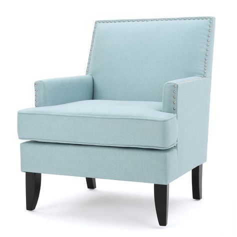 PRICES MAY VARY. Includes: one (1) Club chair Dimensions: 30.35 inches deep x 28.75 inches wide x 35.50 inches high Material: fabric | Leg material: Birch Color: Light Blue | Leg Finish: dark brown The tilla Club chair adds elegance and comfort to any room. Featuring a wide padded Seat and studded accent lining, this chair provides comfort and a sophisticated design. This chair can be Placed in any room or office space. Wooden Crate End Table, Light Blue Accent Chair, Light Blue Chair, Comfy Accent Chairs, Modern Club Chair, Blue Accent Chairs, Eames Chairs, Coastal Living Room, Blue Chair