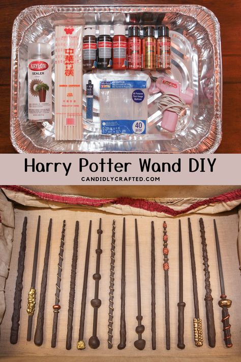 Harry Potter inspired wands that can be made at home for your next Harry Potter party. Diy Harry Potter Wands Easy, Homemade Wands Harry Potter, Homemade Harry Potter Wands, Diy Wand Display, Diy Wands For Kids, How To Make A Harry Potter Wand, Harry Potter Kids Crafts, How To Make Harry Potter Wands, Harry Potter Wand Diy