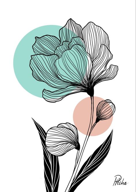 Pink, Design, Flowers, Botanical Drawing, Acrylic Painting, Canvas, Green, Blue, White