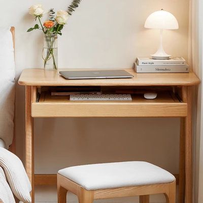 Introducing our sleek and multipurpose small-space desk, designed with simplicity and functionality in mind. Perfect for reading, makeup, or even as a computer desk, it meets all your basic needs with ease. Crafted from solid red oak, it offers a natural and warm touch, along with durability and beauty. Features include a double-tiered design for extra workspace, strong ladder-style legs for stability. With rounded edges and ample legroom, it's both comfortable and practical. Embrace simplicity Computer Desk Pull Out Keyboard, Minimalist Desk Bedroom, Desk Build Plans, Lift Up Desk, Desk Setup College, Minimalist Wooden Desk, Small Space Bedroom Storage, Room Decor Bedroom Desk, Small Writing Desk In Bedroom