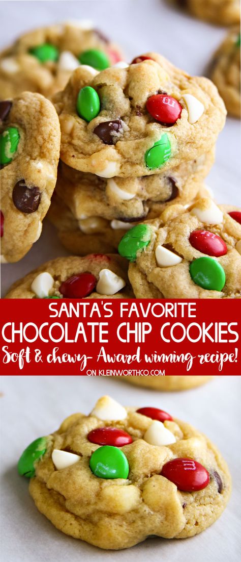 Santa's Favorite Chocolate Chip Cookies, an easy to make chocolate chip cookie recipe that brings smiles to young & old. Perfect recipe for Christmas Eve! via @KleinworthCo Santa Chocolate Chip Cookies, Iced Oatmeal Cookies, Make Chocolate Chip Cookies, Cookie Recipes Unique, Soft Chocolate Chip Cookies, Chocolate Chip Cookie Recipe, Young Old, Chocolate Cookie Recipes, Chip Cookie Recipe