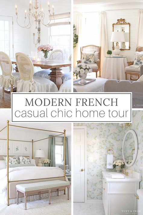 If you love casual chic style that exudes quiet elegance, you'll love this modern french country house tour. French Provincial Modern Decor, French Country Glam Bedroom, Minimalist French Country Living Room, Sage Green French Country Living Room, French Country Fabric Bedroom, Modern French Decorating Ideas, Glam Cottage Decor, French Country Formal Living Room Ideas, French Country Style Decor