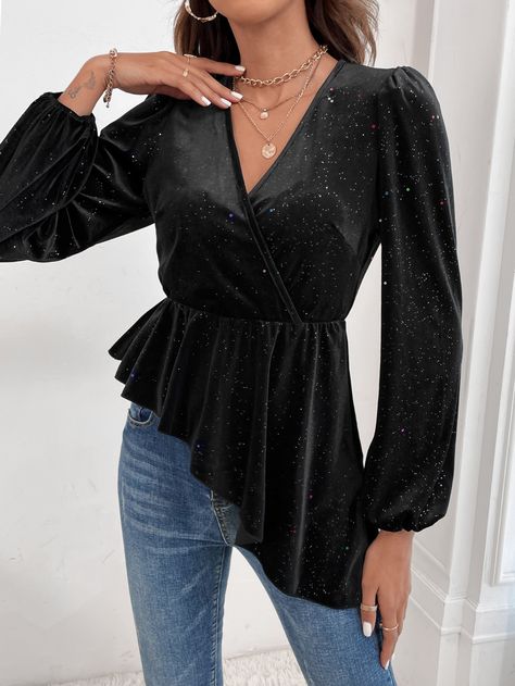 Black Glamorous  Long Sleeve Velvet Plain Peplum Embellished High Stretch Fall/Winter Women Tops, Blouses & Tee Velvet Dress Designs Western, Velvet Blouse Outfit, Blouse Soiree Outfit, Designer Tops For Women Classy, Blouse Soiree, Soiree Blouse, Soiree Tops, Soiree Blouses, Long Top Designs