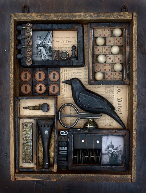 The Blue Black Bird | Found Object Assemblage | dwayne freeman | Flickr Found Object Art Assemblages Mixed Media, Assemblage Box Art, Steampunk Assemblage Art, Found Objects Art, Found Object Art Ideas, Halloween Diaroma, Found Object Art Assemblages, Collage Objects, Assemblage Art Found Object